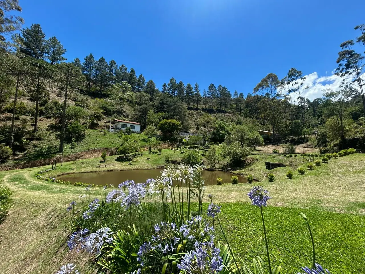 Vista geral do Sítio Sábio Sabiá em Cunha/SP, com área rural, relevo natural e construções implantadas